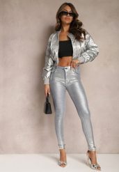 Srebrne Jeansy Push Up z Metalicznym Połyskiem Lireni. Szare jeansy damskie Renee. Za 59.99 zł.