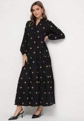 Czarna Sukienka z Wiskozy o Rozkloszowanym Kroju z Ozdobnym Haftem Nalariel. Czarne sukienki damskie Born2be, l, z aplikacjami, z jeansu, eleganckie, bez kołnierzyka, bez ramiączek, maxi, rozkloszowane. W wyprzedaży za 127.99 zł.