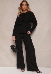 Czarny Komplet Spodnie o Szerokim Kroju i Bluzka z Wiązaniem w Talii Dilinne. Czarne spodnie materiałowe damskie Renee, bez wzorów, z jeansu, eleganckie. Za 139.99 zł.