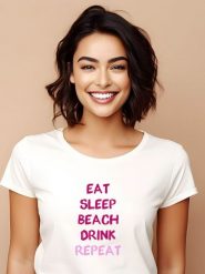 WOOOP Koszulka "Eat sleep beach drink repeat" w kolorze biało-różowym rozmiar: M. Białe bluzki damskie Wooop, m, bez wzorów, z bawełny, bez kołnierzyka. Za 86.99 zł.
