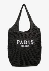 Czarna Torebka Shopper z Plecionką i Napisami Navessa. Czarne shopper bag damskie Born2be, bez wzorów, bez dodatków. Za 99.99 zł.
