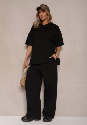 Czarny Komplet z Bawełny T-shirt z Rozcięciami i Spodnie o Szerokim Kroju Elpiola. Czarne spodnie materiałowe damskie Renee, bez wzorów, z bawełny, eleganckie. Za 99.99 zł.