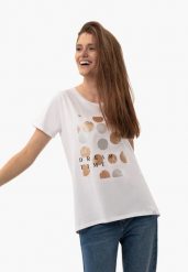 Koszulka z błyszczącym nadrukiem T-NETTA. Białe t-shirty damskie Volcano, m, bez wzorów, z bawełny, bez ramiączek. Za 59.99 zł.