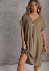 Ciemnobeżowa Sukienka o Pudełkowym Kroju z Lnem i Wiskozą Zdobiona Guzikiem Mezynore. Brązowe sukienki damskie Renee, na imprezę, plus size, z aplikacjami, z bawełny, wakacyjne, bez kołnierzyka, plus size, bez ramiączek, midi. Za 89.99 zł.