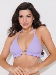 Góra od bikini z falbaną - fioletowy. Fioletowe bikini damskie Sinsay, bez wzorów. W wyprzedaży za 19.99 zł.