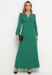 Zielona Rozkloszowana Sukienka Ozdobiona Paskiem w Talii Felirith. Zielone sukienki damskie Born2be, na co dzień, l, bez wzorów, eleganckie, bez kołnierzyka, bez ramiączek, maxi, rozkloszowane. W wyprzedaży za 135.99 zł.