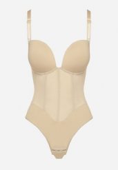 Beżowe Dopasowane Body z Siateczkowymi Zdobieniami Lunadriela. Brązowe body damskie Born2be, z aplikacjami, z jeansu. Za 59.99 zł.