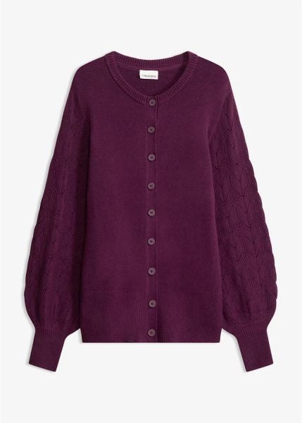Sweter rozpinany ażurowy. Fioletowe kardigany damskie bonprix, w ażurowe wzory. Za 129.99 zł.