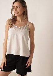 Beżowy Top z Wiskozą Lnem i Haftowanym Zdobieniem Ianale. Brązowe topy damskie Born2be, l, z aplikacjami, z materiału, bez kołnierzyka. Za 69.99 zł.