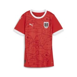 Damska, domowa koszulka reprezentacji Austrii w piłce nożnej 2024 PUMA. Czerwone t-shirty damskie Puma, bez wzorów, bez kołnierzyka. W wyprzedaży za 359.00 zł.