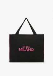 Czarno-Fuksjowa Torebka Shopper Materiałowa z Napisem Zasuwana Saliretia. Czarne shopper bag damskie Born2be, bez wzorów, z materiału, bez dodatków. Za 74.99 zł.