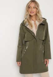 Zielona Kurtka Parka z Kapturem ze Wzorem w Kratę i Podpinanymi Rękawami Gavaria. Zielone kurtki damskie Born2be, l, bez wzorów, z jeansu. Za 199.99 zł.
