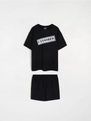 Dwuczęściowa piżama z dzianiny french terry - czarny. Czarne piżamy męskie Sinsay, l, bez wzorów, z dzianiny, bez ramiączek. Za 49.99 zł.