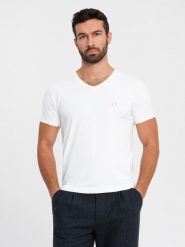 Męski t-shirt V-neck SLIM FIT z elastanem i printem – biały V2 OM-TSBC-0221 - XXL. Białe t-shirty męskie Ombre Clothing, l, bez wzorów, z bawełny, bez kołnierzyka. W wyprzedaży za 39.99 zł.