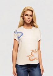 Beżowy Klasyczny T-shirt z Bawełny Ozdobiony Nadrukiem i Cyrkoniami Kristinae. Brązowe t-shirty damskie Born2be, l, z aplikacjami, z bawełny, bez kołnierzyka. Za 29.99 zł.