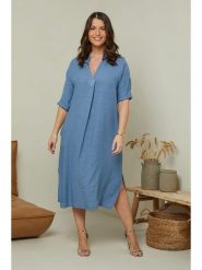 Curvy Lady Lniana sukienka w kolorze niebieskim rozmiar: 48/50. Niebieskie sukienki damskie Curvy Lady, bez wzorów, ze lnu, klasyczne, bez kołnierzyka, bez ramiączek, midi. Za 236.95 zł.