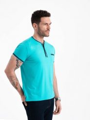 T-shirt męski henley ozdobnymi ściągaczami - turkusowy V7 OM-TSCT-0175 - XXL. Niebieskie t-shirty męskie Ombre Clothing, l, z aplikacjami, z elastanu, bez kołnierzyka. W wyprzedaży za 39.99 zł.