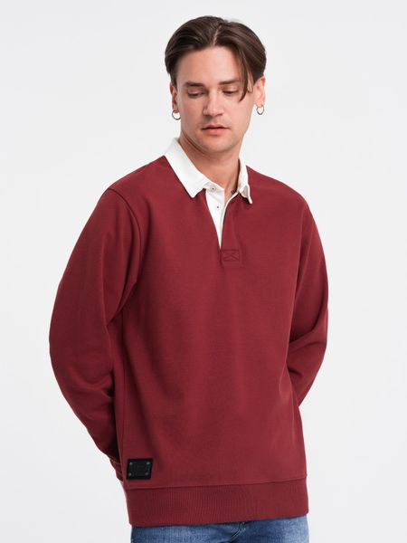 Bluza męska z białym kołnierzykiem polo - bordowa V3. Czerwone bluzy bez kaptura męskie Ombre Clothing, m, z bawełny. W wyprzedaży za 79.99 zł.