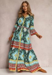 Ciemnozielono-Niebieska Sukienka Enysius. Niebieskie sukienki damskie Renee, l, bez wzorów, boho, bez kołnierzyka, bez ramiączek, maxi. Za 44.99 zł.