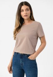 Bawełniana koszulka T-PARSLEY. Brązowe t-shirty damskie Volcano, m, z aplikacjami, z bawełny, bez kołnierzyka. Za 69.99 zł.