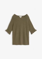 Sweter z mieszanki bawełny, rękawy z falbanką. Zielone swetry klasyczne damskie bonprix, z bawełny, bez kołnierzyka. Za 109.99 zł.