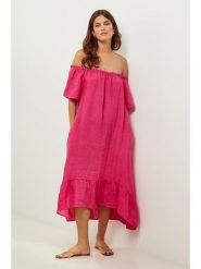 Lin Passion Lniana sukienka w kolorze różowym rozmiar: 34/36. Różowe sukienki damskie Lin Passion, bez wzorów, ze lnu, klasyczne, bez kołnierzyka, bez ramiączek, midi. Za 173.99 zł.