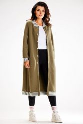 Długa Rozpinana Bluza ze Stójką - Khaki. Brązowe bluzy bez kaptura damskie Awama, l, z bawełny. Za 228.90 zł.