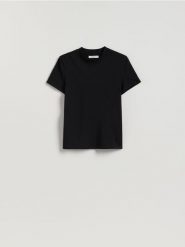 T-shirt slim fit - czarny. Czarne t-shirty damskie Reserved, l, bez wzorów, z bawełny, bez kołnierzyka. Za 29.99 zł.