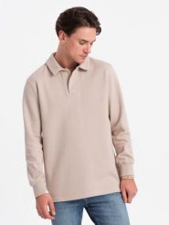 Bluza męska z kołnierzykiem polo ze strukturalnej dzianiny - beżowa V2 OM-SSNZ-0149 - XXL. Brązowe bluzy bez kaptura męskie Ombre Clothing, l, z bawełny. W wyprzedaży za 59.99 zł.