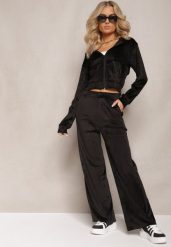 Czarny Komplet Dresowy z Welurowej Dzianiny Szerokie Spodnie i Krótka Bluza Avilti. Czarne bluzy z kapturem damskie Renee, l, z dresówki. Za 74.99 zł.