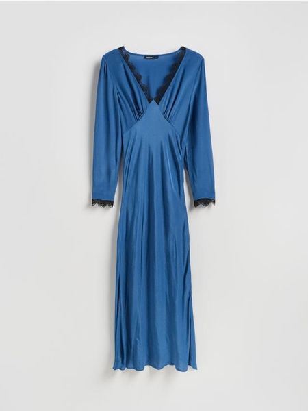 Sukienka maxi z koronką - granatowy. Niebieskie sukienki damskie Reserved, na co dzień, l, bez wzorów, z koronki, bez kołnierzyka, bez ramiączek, maxi, proste. W wyprzedaży za 79.99 zł.