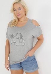 Szara Bluzka Oversize z Nadrukiem i Cyrkoniami Gerris. Szare bluzki damskie Born2be, bez wzorów, bez kołnierzyka, bez ramiączek. Za 14.99 zł.