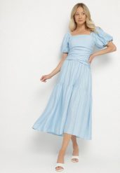 Niebieska Sukienka Rozkloszowana z Wiskozy z Kwadratowym Dekoltem i Drapowaniem Napessia. Niebieskie sukienki damskie Born2be, na co dzień, l, bez wzorów, z wiskozy, eleganckie, bez kołnierzyka, bez ramiączek, midi, rozkloszowane. W wyprzedaży za 119.99 zł.
