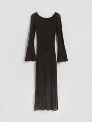 Sukienka z wiązaniem na plecach - ciemnobrązowy. Brązowe sukienki damskie Reserved, l, bez wzorów, z dzianiny, bez kołnierzyka, bez ramiączek, rozkloszowane. Za 149.99 zł.