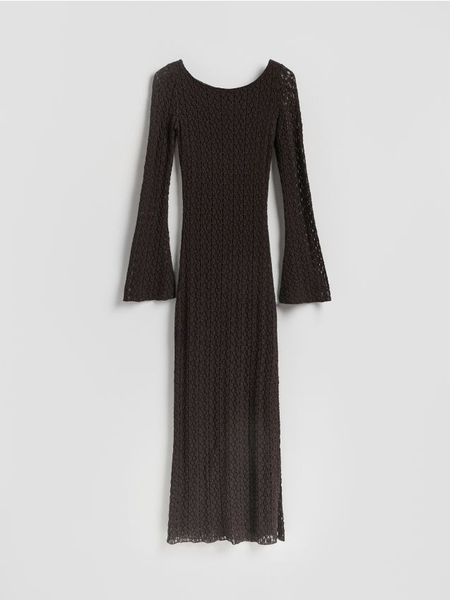 Sukienka z wiązaniem na plecach - ciemnobrązowy. Brązowe sukienki damskie Reserved, l, bez wzorów, z dzianiny, bez kołnierzyka, bez ramiączek, rozkloszowane. Za 149.99 zł.