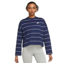 Koszulka sportowa damska Nike Nsw Jsy Stripe Ls. Niebieskie bluzki sportowe damskie Nike, m, bez wzorów, bez ramiączek. Za 222.00 zł.