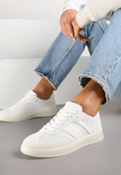 Białe Sneakersy Tenisówki z Geometrycznym Wzorem Eleamila. Białe trampki i tenisówki damskie Born2be, z aplikacjami, z jeansu. Za 89.99 zł.