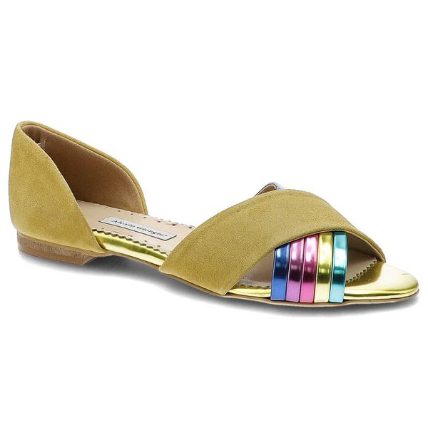 Sandały damskie Alexio Giorgio, ze skóry naturalnej zamszowej z oddobnymi paseczkami, żółte, 501. Żółte sandały damskie Alexio Giorgio, z aplikacjami, ze skóry, bez obcasa. Za 179.00 zł.