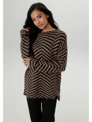 Aniston Sweter w kolorze jasnobrązowo-czarnym rozmiar: 38. Brązowe swetry klasyczne damskie Aniston, bez kołnierzyka. Za 91.56 zł.