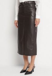 Ciemnobrązowa Długa Spódnica High Waist z Imitacji Skóry z Dodatkowym Paskiem i Rozcięciem Wyneti. Brązowe spódniczki damskie Born2be, l, bez wzorów, ze skóry, eleganckie, z podwyższonym stanem, maxi, koszulowe. Za 129.99 zł.