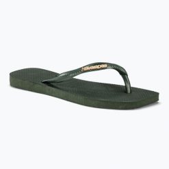 Japonki damskie Havaianas Square Logo Metallic. Zielone klapki damskie Havaianas, bez wzorów, bez obcasa. Za 79.99 zł.