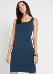 Sukienka shirtowa (2 szt.). Niebieskie sukienki damskie bonprix, bez wzorów, bez kołnierzyka, bez ramiączek. Za 99.98 zł.