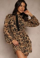 Brązowa Panterkowa Sukienka o Rozkloszowanym Kroju ze Stójką i Falbankami Labrette. Brązowe sukienki damskie Renee, na co dzień, l, bez wzorów, eleganckie, bez kołnierzyka, bez ramiączek, mini, kopertowe. W wyprzedaży za 118.99 zł.