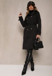 Czarny Dwurzędowy Płaszcz Trencz z Paskiem i Elegancką Klapą Fireti. Czarne płaszcze damskie Renee, l, bez wzorów, z jeansu, biznesowe. Za 179.99 zł.