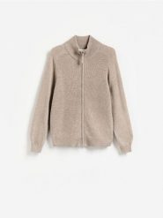 Rozpinany sweter z wełny merino - beżowy. Brązowe kardigany męskie Reserved, l, bez wzorów, z wełny, bez kołnierzyka. Za 259.99 zł.