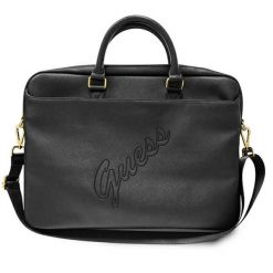 Torba Guess Saffiano Script 15'' czarny. Czarne torby na laptopa damskie Guess, z aplikacjami, ze skóry ekologicznej, z tłoczeniem. Za 272.08 zł.