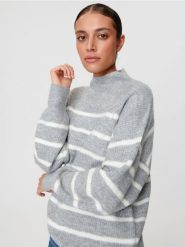 Sweter w paski - szary. Szare golfy damskie Sinsay, l, bez wzorów, z włókna, bez ramiączek. Za 69.99 zł.