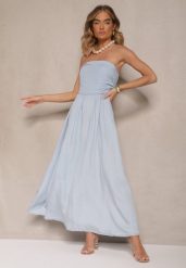 Jasnoniebieska Rozkloszowana Sukienka Bandeau Mavoreine. Niebieskie sukienki damskie Renee, na co dzień, na lato, m, bez wzorów, eleganckie, bez kołnierzyka, bez ramiączek, midi, proste. W wyprzedaży za 103.99 zł.