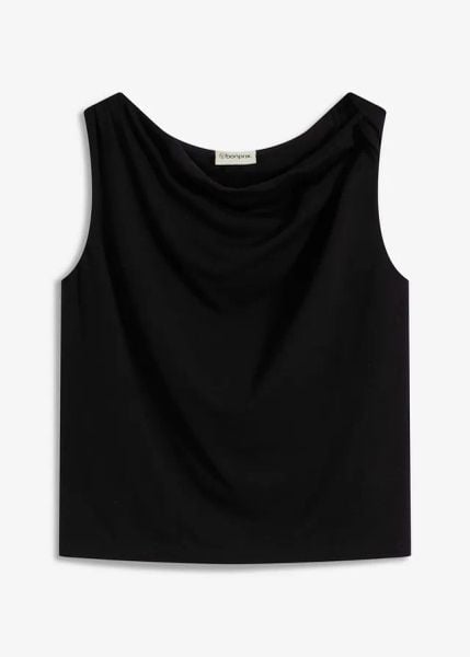 Top z przewiązaniem. Czarne topy damskie bonprix, bez wzorów, bez kołnierzyka. Za 24.99 zł.