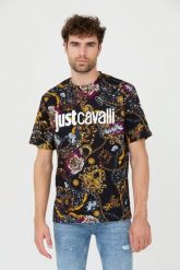 JUST CAVALLI T-shirt czarny R Print Iconic Schields. Czarne t-shirty męskie Just Cavalli, m, bez wzorów, bez kołnierzyka. W wyprzedaży za 399.99 zł.